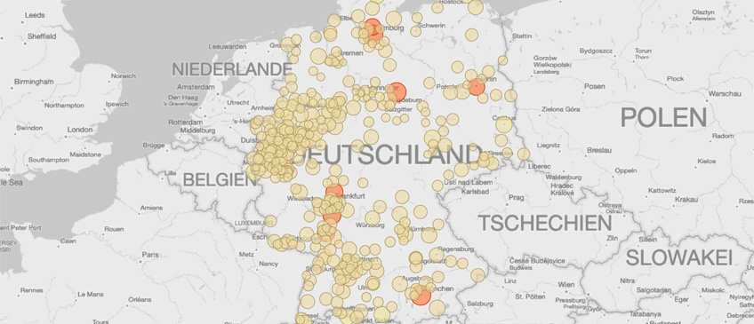 [Translate to English:] Deutschlandkarte mit ausgewählten Staedten